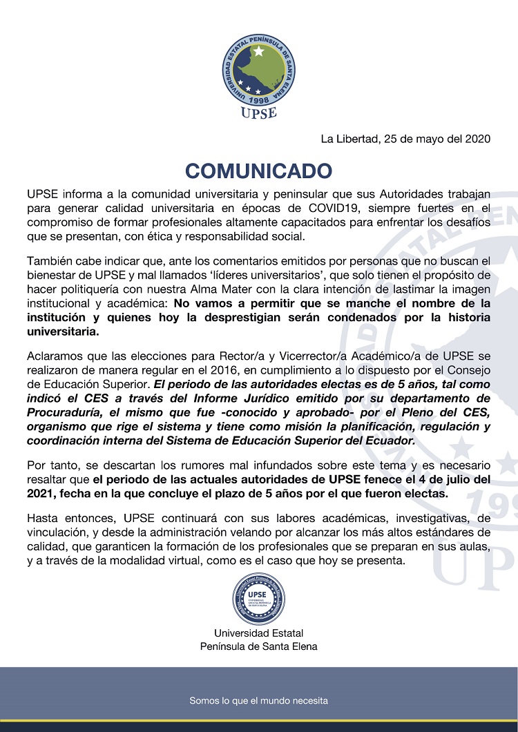 Comunicado oficial UPSE 25 de mayo web
